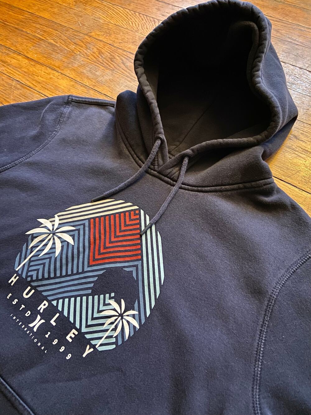 HURLEY Navy Geometric/Floral Print Heavyweight Hoodie Mens sz L